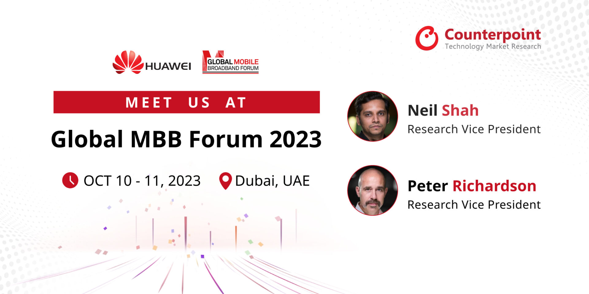 Announcement Poster for Counterpoint Research attending Huawei's Global MBB Forum 2023 in Dubai on 10th and 11th October 2023