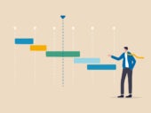 Flat vector illustration of a person standing infront of a project timeline or schedule.