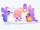 Flat vector isolated illustration of a brain with neural network on laptop and scientists, and tiny people.