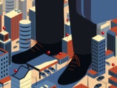 Flat vector illustration of a very large businessman standing in the middle of the city.