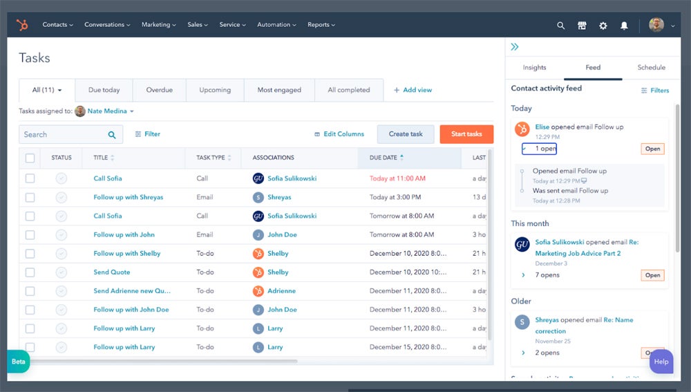 HubSpot task management feature.