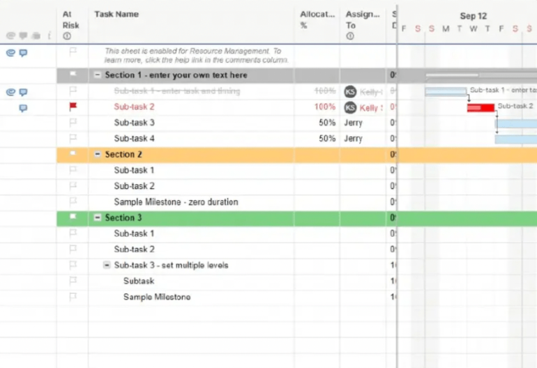 A project management template organized into three sections highlighted in gray, yellow, and green with subtasks for each section.